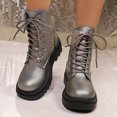thumbnail image 4 of Pandaie Rhinestone Combat Boots Women Military Motorcycle Riding Booties Platform Lace up Chunky Heel Ankle Boots Grey 9.5, 4 of 8