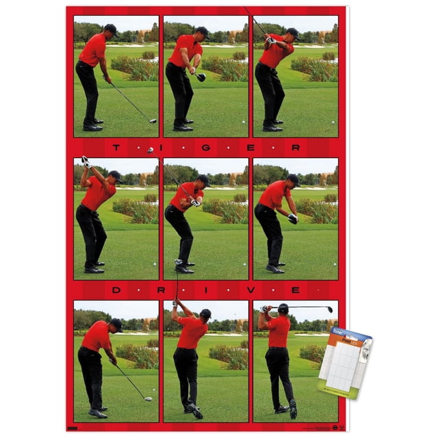 Tiger Woods - Affiche Murale Drive, 22,375 Po x 34 Po Affichant Neuf images Séquentielles d'Un Golfeur avec une Chemise Rouge et un Pantalon Noir Exécutant une Balançoire Drive sur un Terrain de golf Vert avec des Arbres et des Pièges à Sable, Disposée dans une Grille Bordée de Rouge avec le Texte « Tiger Drive » entre les Rangées, Idéale pour la Déco de Chambre à Thème Sportif Ou golf.