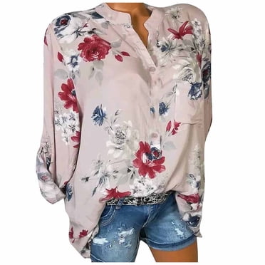 TopLLC Chandails Henley à Manches Longues pour Femmes, Élégants, Col Rond, Imprimé Floral, Chandail à Enfiler, Chemises à Boutons, Décontracté, Grande Taille, Blouses Bohèmes, Haut avec Poches
