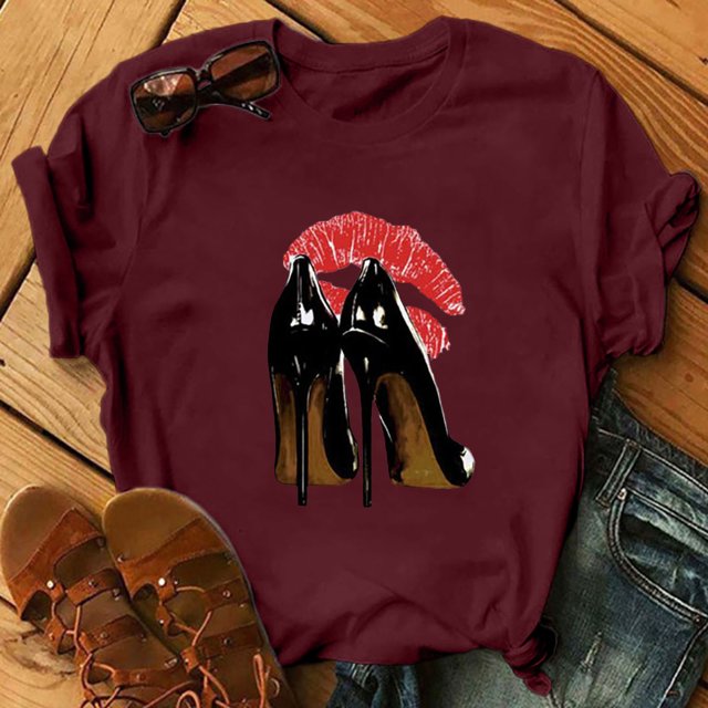 EQWLJWE Hauts pour Femmes, T-Shirts Graphiques Décontractés Rouge à Lèvres Talons Hauts Imprimés Col Rond T-Shirt d'Été en Solde à Moins de 10$