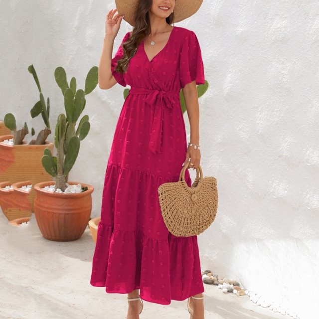 Ovzne Robes pour Femmes Robe Mode Été Décontractée Col en V Manches Courtes à Volants Robe Unie Grande Taille Robe Manches Courtes en Liquidation
