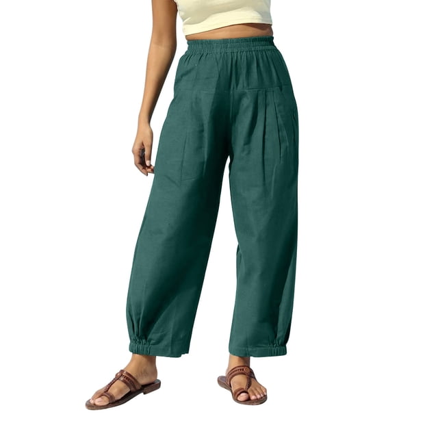 Timegard Pants for Women Elastic High Waist Ruched Lightweight Solid Color Casual Baggy Trousers Pockets
