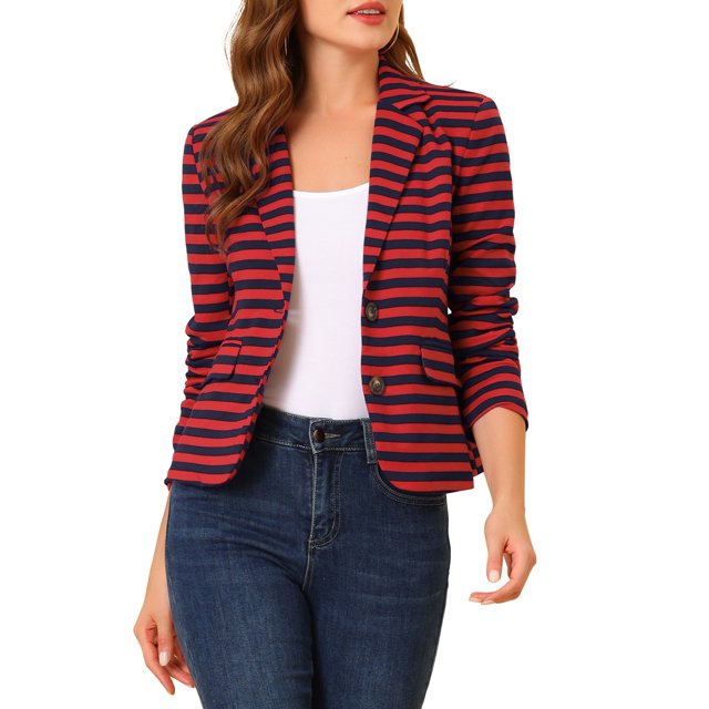 INSPIRE CHIC Blazer à Rayures pour Femme à Revers Cranté, Manches Longues, Boutonné, S Rouge Bleu