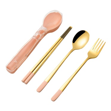 Ensemble de Vaisselle en Acier Inoxydable 3 Pcs, Couverts de Camping, Baguettes, Fourchette, Cuillère, Rose