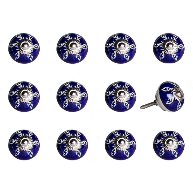 KNOB-IT vintage handpainted ceramic knobs 12-pack featuring round blue cabinet hardware with white floral patterns and silver metal centers, one knob shown with bolt for easy installation on drawers or cupboards, ideal for updating furniture decor.