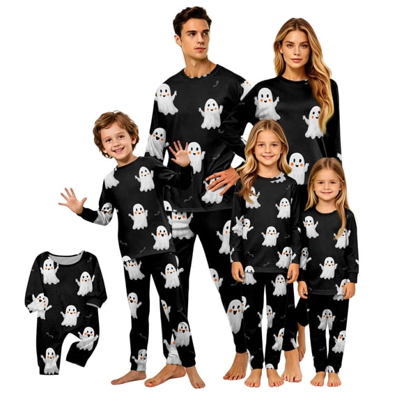 Halloween Pjs, Halloween Family Matching Pajamas Set, Black White Spooky Cute Ghost Bat Long Sleeve Sleepwear, Graphic Loungewear, Soft Cozy Fun Holiday Nightwear for Parties & Gatherings, 12 M