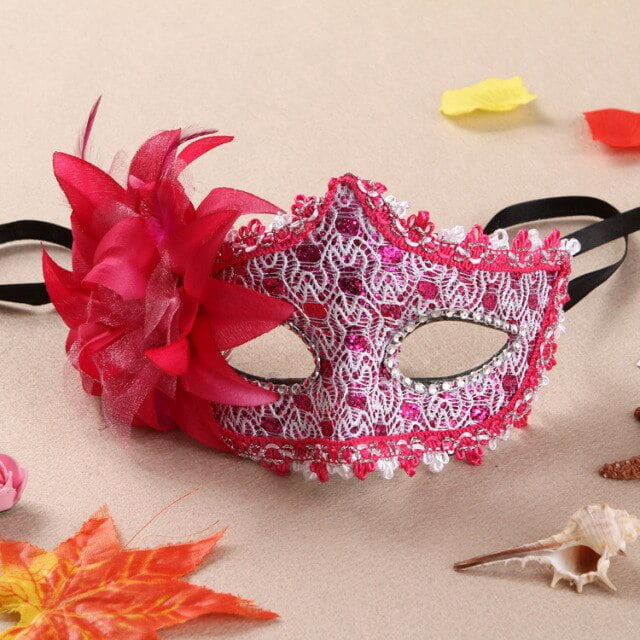 Girl Lady Princess Rhinestone Lace Flower Side Mask for Halloween Wedding Party Birthday Club Bar Carnival Stage Performance(Rose Red)