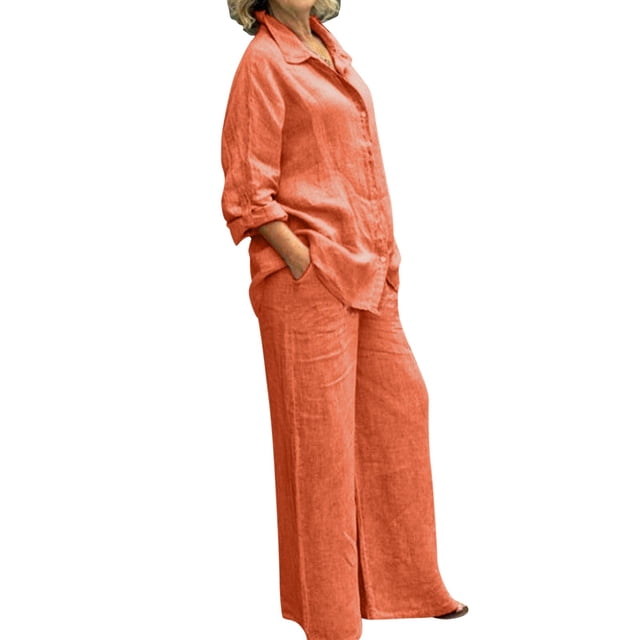 GDREDA Womens Cotton Linen Set 2 Piece Outfits Summer Button Down Shirt Wide Leg Pants Matching Sets Orange,M