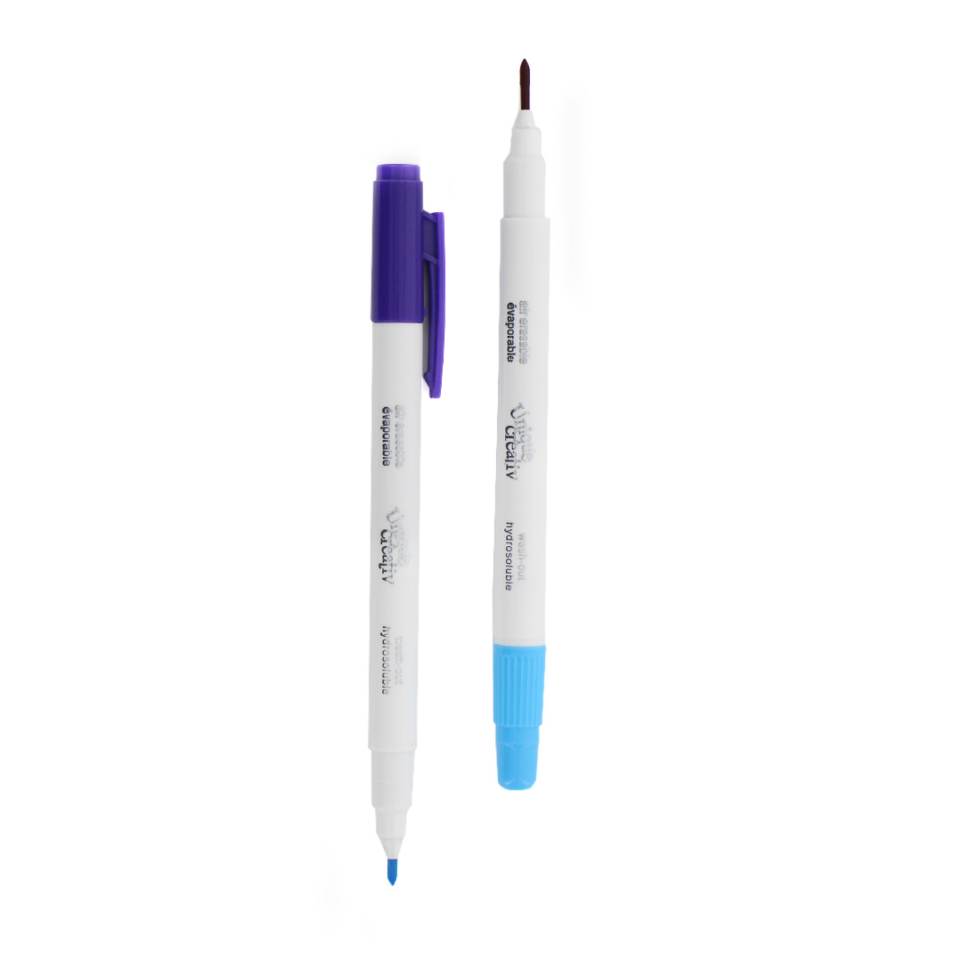 UNIQUE SEWING crayon marqueur 2-en-1 à double pointe fine, lavable bleu et effaçable à l’air mauve