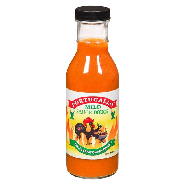 Portugallo Mild Sauce in a clear glass bottle with a black screw cap, filled with bright orange sauce. The label features the brand name Portugallo and Mild Sauce Douce with a black rooster grilling amid flames. This sugar-free, low sodium, gluten-free marinade and cooking sauce adds flavour to dishes. Bottle size 355 ml (12 fl oz).