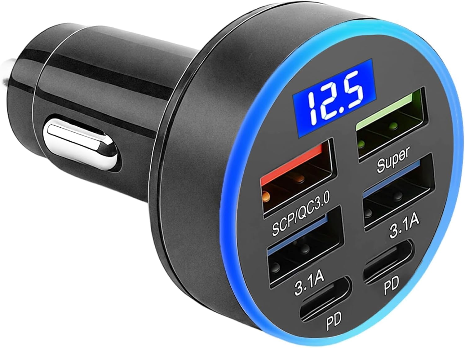 Car Charger 6 in 1 Super Fast Charger Adapter Cigarette Lighter Socket USB C Fast Cars Chargers 300w Quick Charging Multi-Ports Charge with LED Display for Smartphones IPhone Samsung Android Ipad