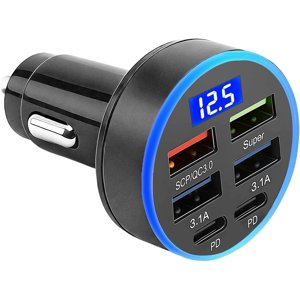 Chargeur de voiture 6 en 1 Chaussette pour allumeur de cigarette Super Fast Charger USB C Chargeurs de voitures rapides 300w Charger rapidement les multi-ports avec LED Affichage pour Smartphones IPhone Samsung Android Ipad