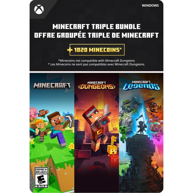Minecraft Ensemble Triple – Couverture de code Numérique Windows Montrant Trois Jeux Minecraft : Minecraft avec des Personnages Bloquants sur un terrain Gazoné, des Donjons Minecraft Mettant en Vedette un Guerrier dans un Donjon Ardent, et des Légendes Minecraft avec une silhouette de Héros Menant des Batailles contre des Ennemis piglin, Incluant 1020 Minecoins pour les Achats en Jeu.