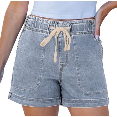 Bocqde Denim Shorts for Women Plus Size Fashion Casual Elastic High Waist Drawstring Jean Shorts Summer Comfy Short Pants with Pockets