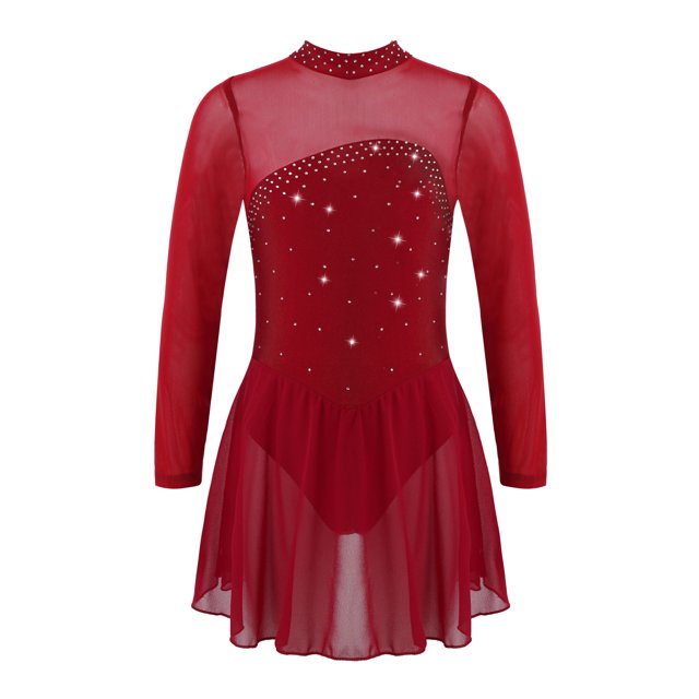 Sxiwei Kids Girls Long Sleeve Mesh Splice Figure Skating Dress with Rhinestone Keyhole Back Gymnastic Burgundy 6