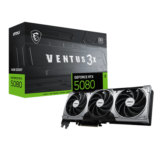 GeForce RTX 5080 16G VENTUS 3X OC GDDR7 16G PCI-E 5 30Gbps 256 bits 16 Broches x 1 HDMI 1 (2.1b) DP 3 (2.1a)