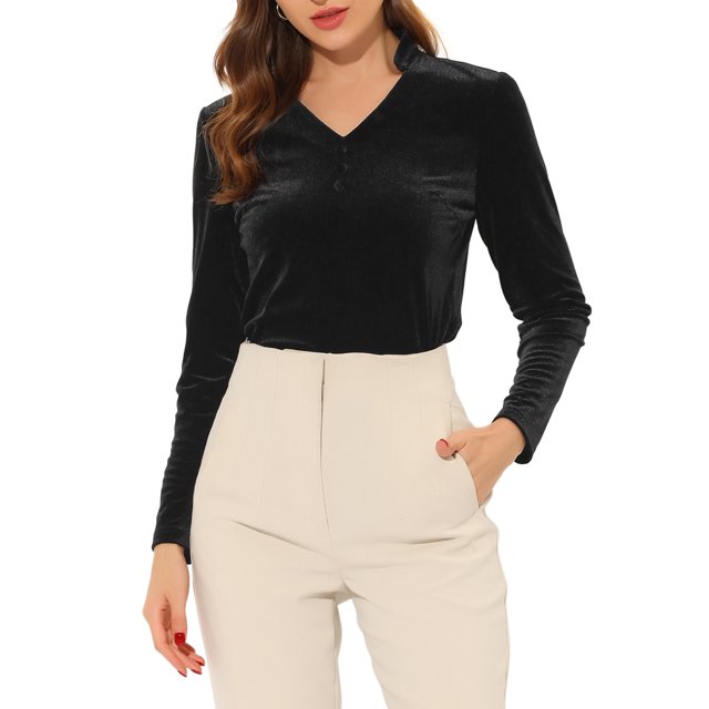 INSPIRE CHIC Blouse Haut en Velours à Col en V à Manches Longues pour Femme G Noir