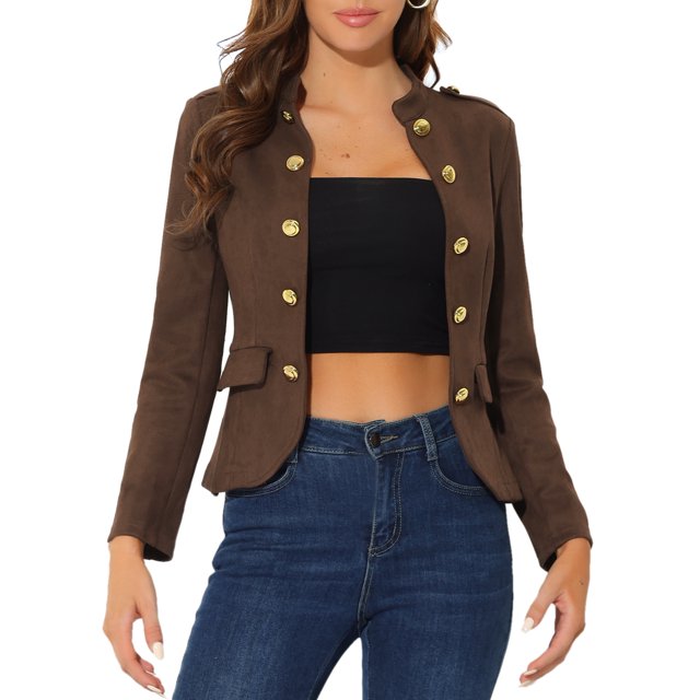 INSPIRE CHIC Women's Faux Suede Open Front Long Sleeve Button Decor Steampunk Jacket S Coffee