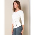 thumbnail image 4 of INSPIRE CHIC Women's Button Decor V Neck 3/4 Sleeve Solid Blouse Knitted Ruched Top, 4 of 6