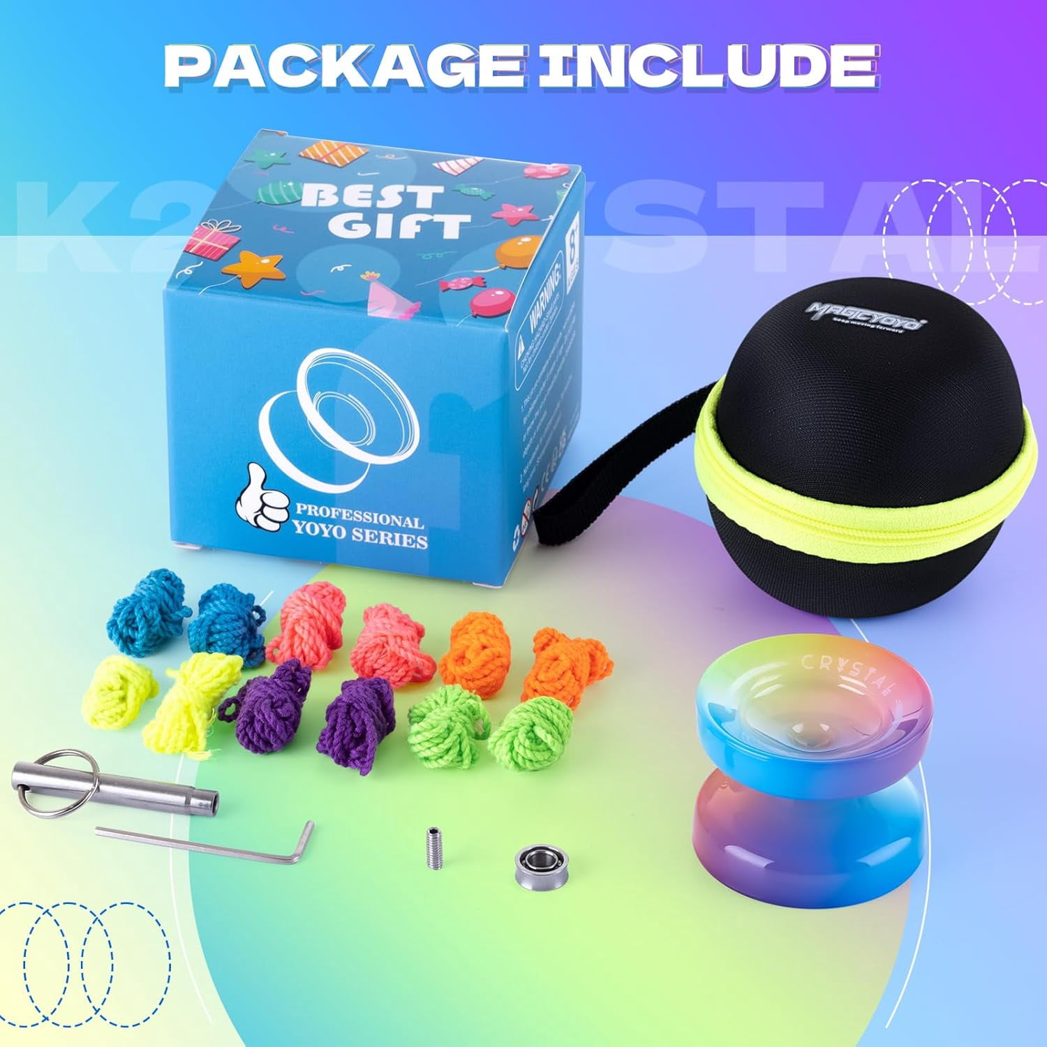 MAGICYOYO Lot de 3 Yoyos réactifs pour enfants débutants, K2 (Crystal YoYo avec 3 gants Yo Yo, 3 sacs yo-yo, 18 cordes Yoyo Vert+ Noir+ Violet Rose