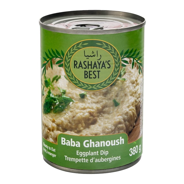 Baba Ghanoush Trempette aux Aubergines en Canette par Rashaya's Best, 380 g, avec Étiquette Verte Indiquant le Texte Arabe et Anglais et Trempette Crémeuse aux Aubergines Garnie de Persil, Prête à Manger et Idéale pour Servir comme Collation Ou Amuse-Gueule.