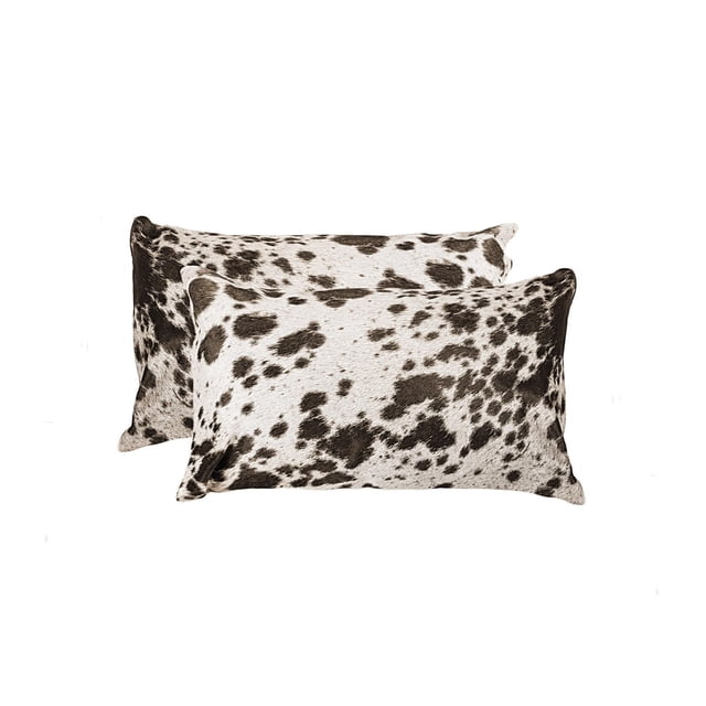 TORINO KOBE COWHIDE PILLOW 12"X20" 2-PACK showing two rectangular grey cowhide pillows with natural black spots, hand-stitched with hidden zipper closures and ultra-soft microsuede backing, suitable for layering in home décor and often used as lumbar support cushions.