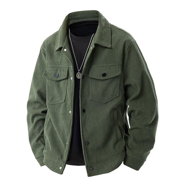 aohooy Men Corduroy Jacket Fall - Long Sleeve Collared Button Up Shacket with Flat Pockets Army Green,XXXXL