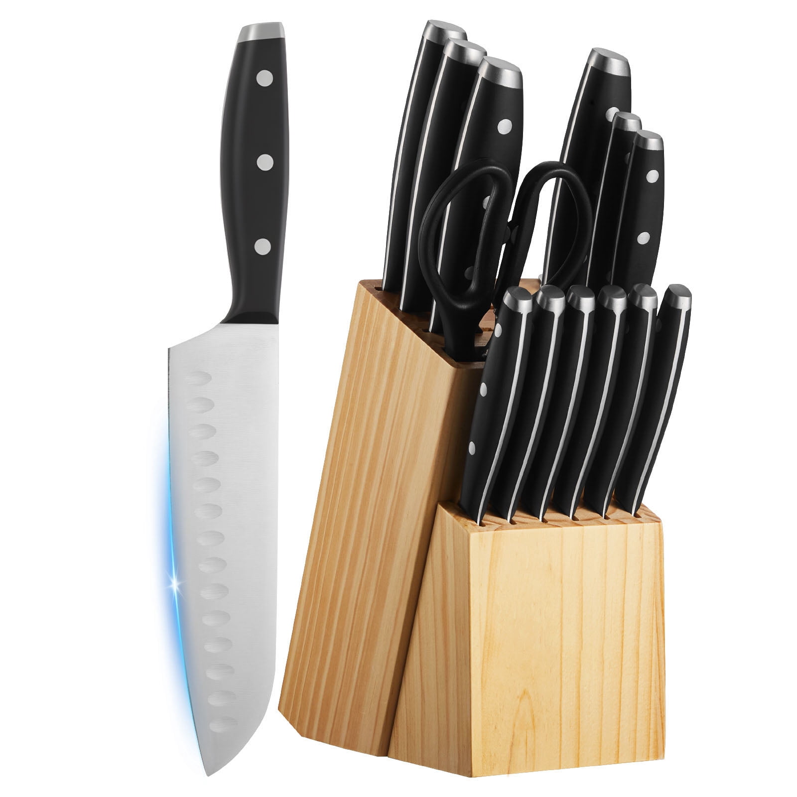 KFFKFF Kitchen Knife Set with Block and Sharpener, 15 Piece High Carbon Stainless Steel Sharp Knife Set, Kitchen Cutlery with Ergonomic Handle, Sharpening Rod