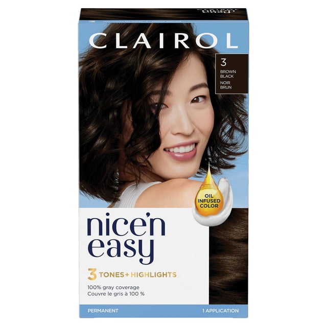 Clairol Nice'n Easy Permanent Hair Dye in shade 3 Brown Black featuring 3 tones and highlights with oil infused color for 100% gray coverage, permanent formula, and one application kit for natural-looking hair color.