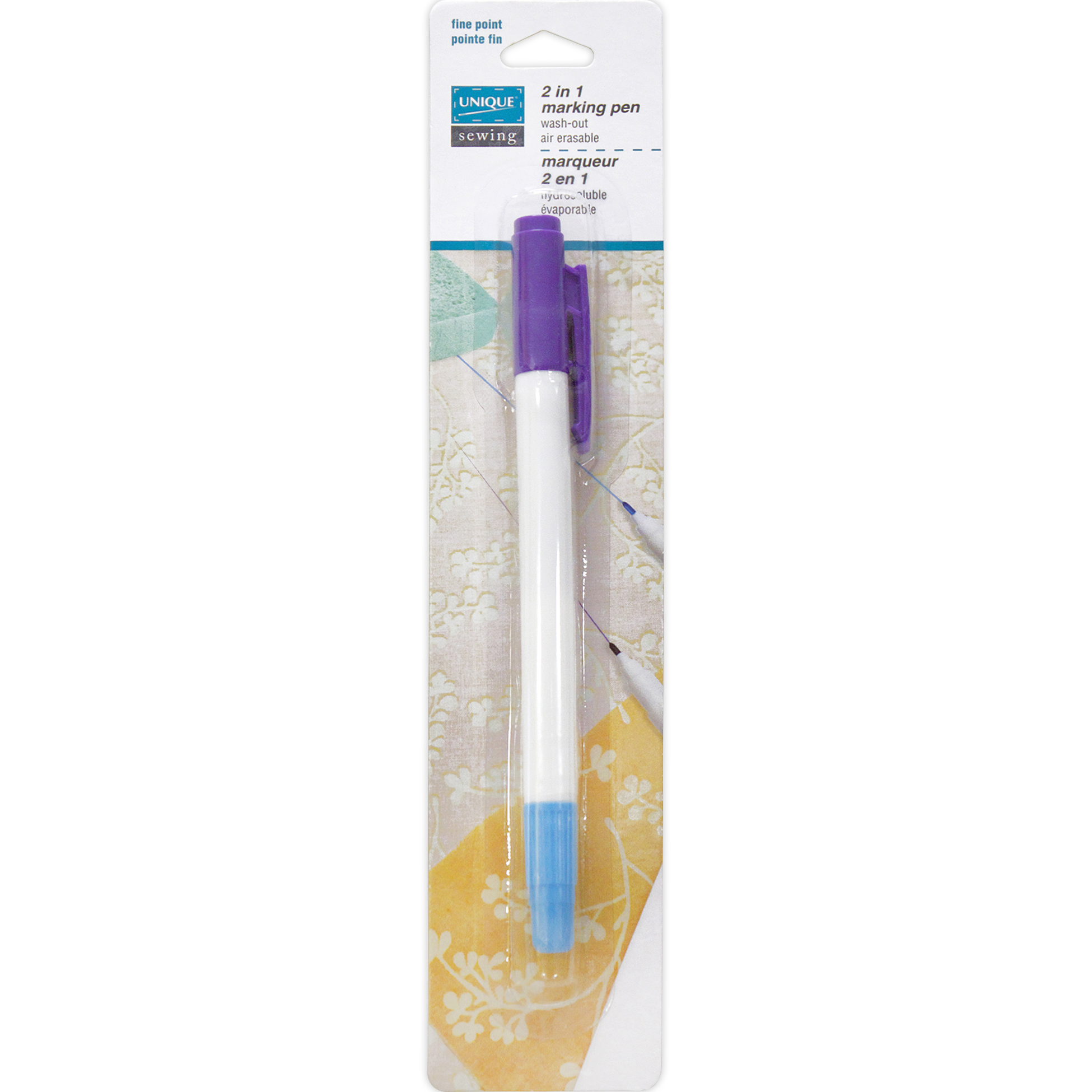 UNIQUE SEWING crayon marqueur 2-en-1 à double pointe fine, lavable bleu et effaçable à l’air mauve