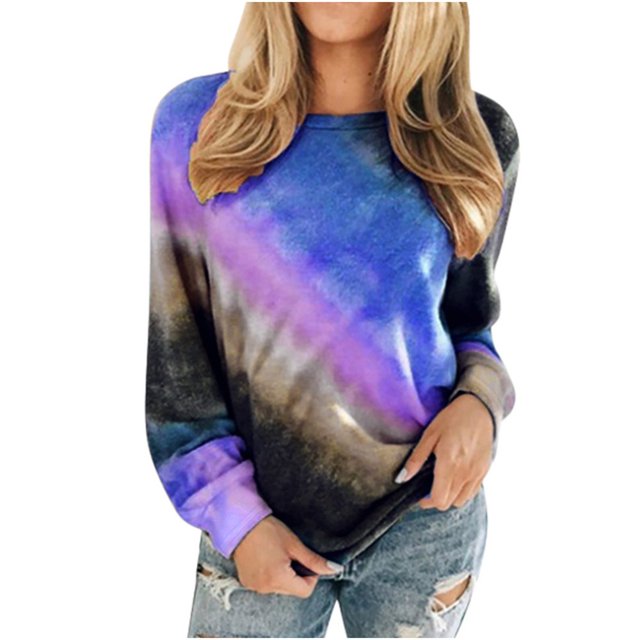 Chemises à Manches Longues Décontractées pour Femmes Automne Hiver Graphique Tee Tie Tye Imprimé Col Rond Casual en Vrac Pull-Over Chemises Violet