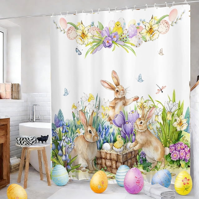 CaiYueKe Rideau de Douche de Pâques Imperméable en Polyester avec 12 Crochets - Ensemble de Linge de Salle de Bain Style Hôtel, Tissu Résistant à l'Eau Durable Installation Facile Sans Perçage Déco de Salle de Bain