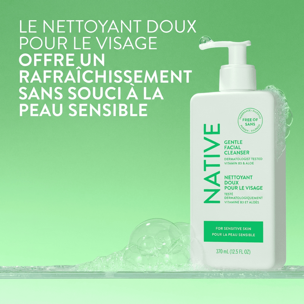 Nettoyant doux pour le visage Native pour peau sensible, sans parfum, sans sulfate, avec vitamine B3 et aloès, testé dermatologiquement, 370 mL