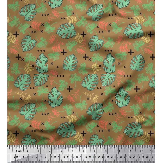 Soimoi Poly Georgette Fabric Geometric Sign,Clover & Monstera Leaves Print Fabric by The Yard 42 Inch Wide