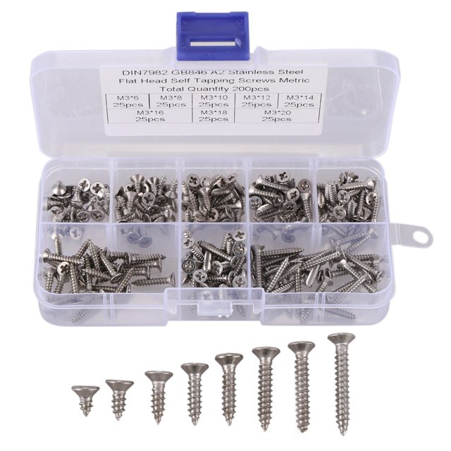Ensemble de 200 Pcs de Vis à Tête Plate en Acier Inoxydable M3, Haute Résistance, Vis Autotaraudeuses, Assortiment pour Meubles en Bois