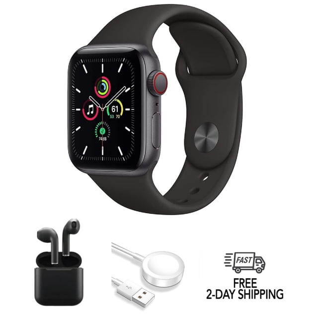 Refurbished Apple Watch SE (2020) 1st Gen 40mm (GPS + Cellular) in Space Gray, paired with a black sport band and a bright display showing activity and music icons. The bundle includes wireless Bluetooth earbuds and a magnetic charging cable. This smartwatch features heart rate tracking, water resistance, and fitness tracking, powered by WatchOS 7.0 and the Apple S5 chip. Professionally refurbished to very good condition, it is backed by a 90-day warranty but does not include original packaging, SIM card, or manual.