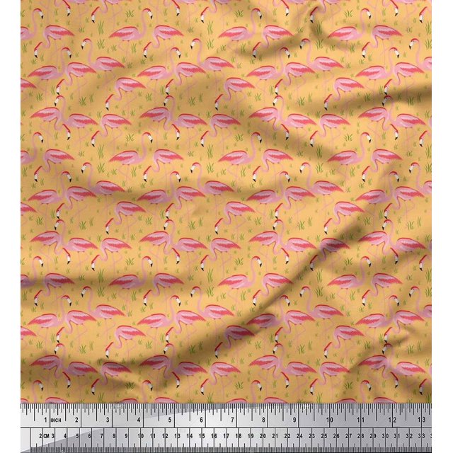 Soimoi Poly Georgette Fabric Grass & Flamingo Bird Print Sewing Fabric Yard 52 Inch Wide