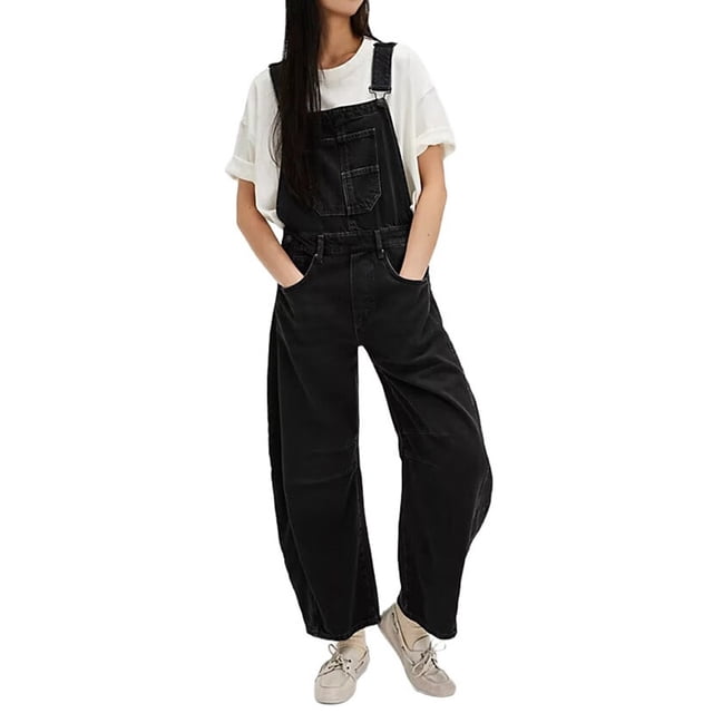 Womens Denim Overalls Loose Fit Leg Adjustable Strap Hip Hop Jean Jumpsuits Black XXL