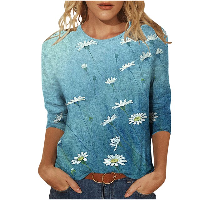 Pompotops T-shirt Ample Imprimé pour Femme Blouse à Manches 3/4 Col Rond Hauts Décontractés Liquidation