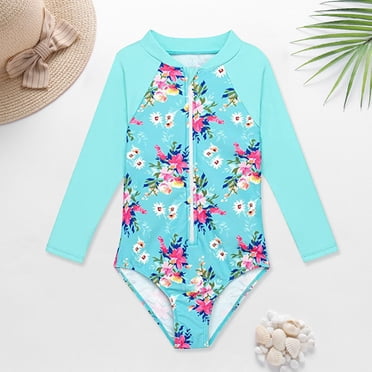 YOUSNH Baby and Toddler Girls Swimsuit Rash Guard Long Sleeve 1 Piece Zipper Bathing Suits UPF 50+ Sun Protections Bikinis for Teen Girls Sky Blue 12-24 Months