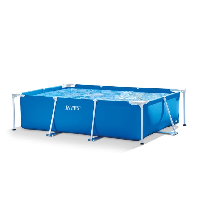 Intex 86 x 23 Rectangular Frame Above Ground Outdoor Splash Swimming Pool displayed in a front-facing view. The pool features a durable blue laminated sidewall reinforced with powder-coated steel frames for rust resistance. Ideal for up to 6 people, it includes a drain plug for easy water removal and measures 86 x 59 x 23 inches, perfect for outdoor use.