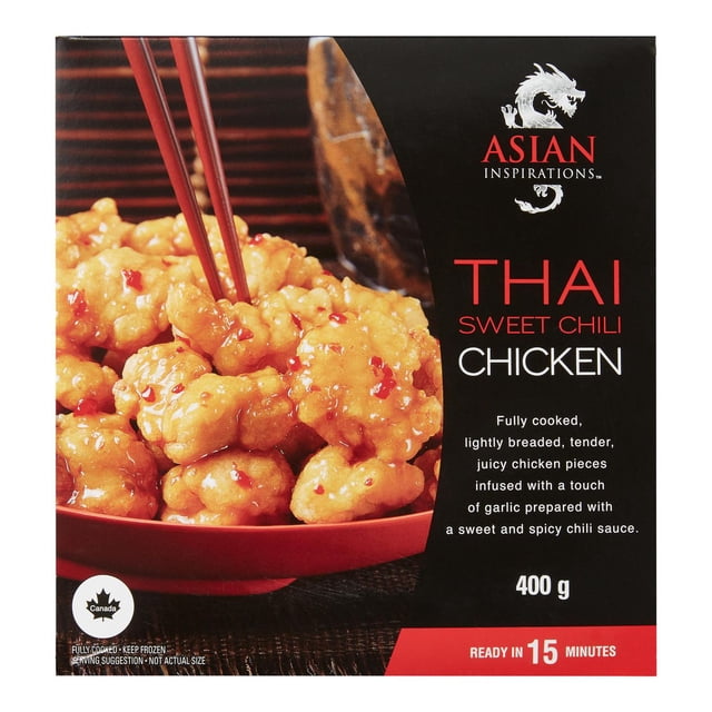 Asian Inspirations Thai Sweet Chili Chicken package showing fully cooked, tender, lightly breaded chicken pieces coated in a glossy sweet and spicy chili sauce with red chili flakes, served in a red bowl with chopsticks, 400 g frozen meal ready in 15 minutes.