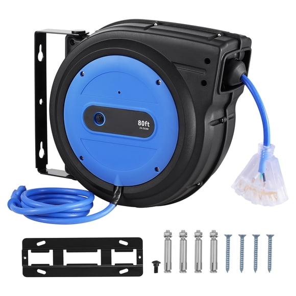 KFFKFF Enrouleur de Câble d'Alimentation Coulissant, 80 Pi, Fil Électrique Robuste 12AWG/3C SJTOW Rétractable avec Prise à Trois Raccords Éclairée, Protection de Circuit 15 Ampères Support Pivotant à 180° pour Plafond Ou Mur