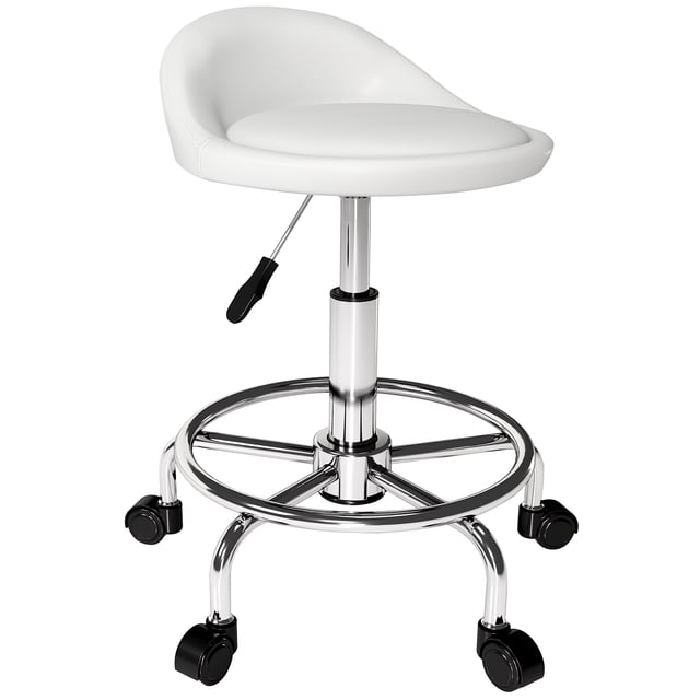 HOMCOM Tabouret Roulant Réglable, Chaise de Salon en PU avec Repose-Pieds, Blanc