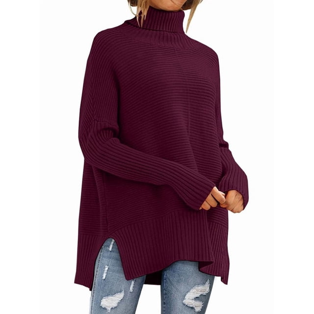 Women'S Oversized Loose Sweater Autumn Batwing Sleeve Ribbed Tunic Sweater Wine Red XXXL