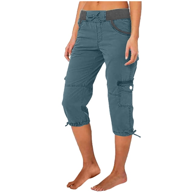 Cameland Pantalon Cargo de Randonnée pour Femmes en Coton, Taille Élastique, Pantacourt d'Extérieur à Bas Resserré, Pantalon de Sport avec Poches