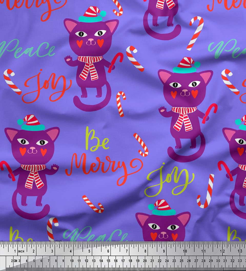 Soimoi Purple Velvet Fabric Text & Cat Kids Print Fabric by Yard 58 Inch Wide