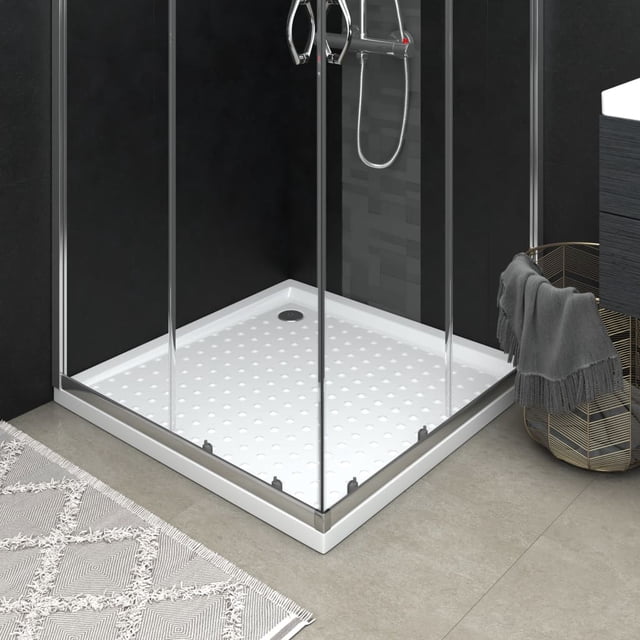 vidaXL Base Plateau de Douche avec Points Blancs 90x90x4 cm en ABS Montré dans une Salle de Bain Contemporaine. le Plateau de Douche Carré Présente une surface Blanche avec de Petits Points pour une Résistance au Glissement, un Seuil Bas pour une Entrée Facile, et un Trou d'Égouttage de 90 mm. Fabriqué en Matériau ABS Résistant aux Rayures, Résistant aux Taches, Antirouille et Anti-Humidité, Il Est durable et Facile à Nettoyer.