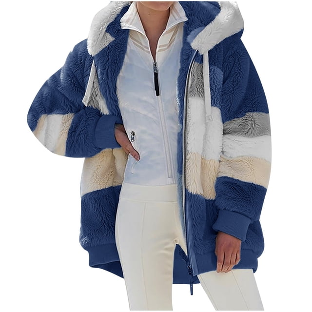 FAIWAD Women's Full Zip Fuzzy Fleece Hooded Coat Color Block Drawstring Fall Winter Warm Coat with Pockets