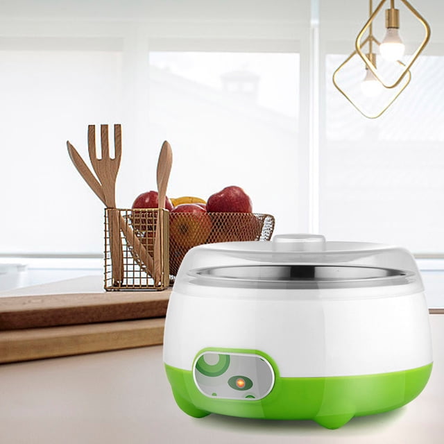 1L Automatic Yogurt Maker Machine with constant temperature control and stainless steel pot, designed for homemade DIY organic yogurt and fruit-based desserts. The compact appliance features a white and green exterior, a transparent lid, and an illuminated control panel, suitable for creating probiotic-rich yogurt or other fermented foods in a modern kitchen setting.